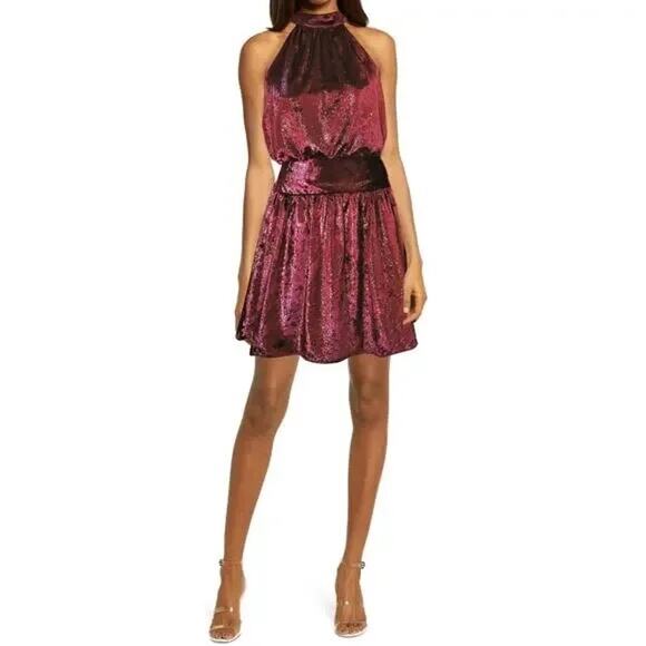 NWT Ramy Brook Ellin Dress Small Shimmer Red Velvet Halter Neck Cocktail Party - Picture 2 of 9